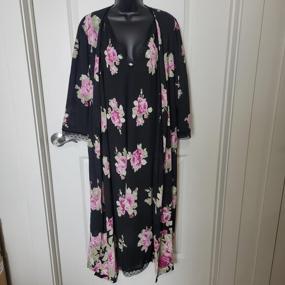 VTG Oscar de la Renta Pink Label M/L Black Pink Roses Floral Robe Nightgown Set - Picture 1 of 13